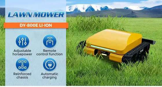 چمن‌زن خزنده هوشمند با کنترل از راه دور، با باتری لیتیوم آهن فسفات (LiFePO₄)، چهار چرخ متحرک، صرفه‌جویی در انرژی و سازگار با محیط زیست، و 3 ساعت کارکرد مداوم.