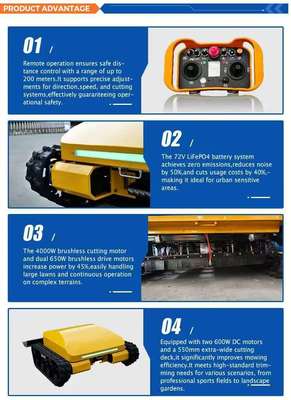 چمن‌زن خزنده هوشمند با کنترل از راه دور، با باتری لیتیوم آهن فسفات (LiFePO₄)، چهار چرخ متحرک، صرفه‌جویی در انرژی و سازگار با محیط زیست، و 3 ساعت کارکرد مداوم.